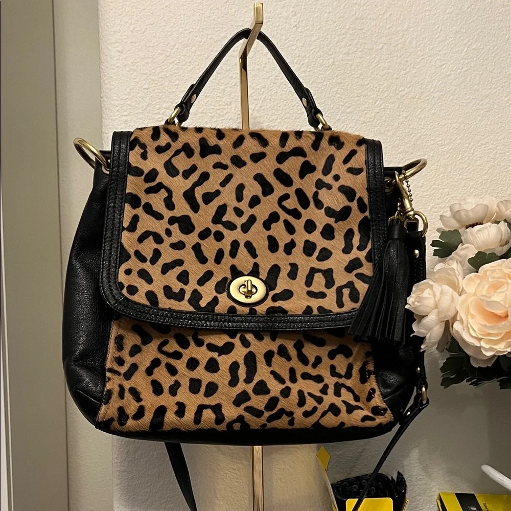 Coach Leopard  Pony-hair top handle shoulder strap with  and gold hardware. - Picture 9 of 10